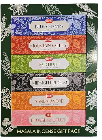 Hem Masala Räucherstäbchen Geschenkset (6x20 Sticks) - Premium Blue Champa, Mountain Valley, Patchouli, Midnight Bloom, Sandalwood, Floral Bouquet mit Kajal