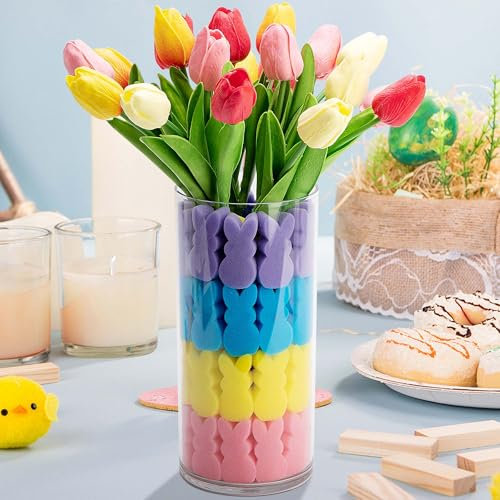 Watayo 60 Oster-Schwammhasen, Vasenfüller und 20 künstliche Tulpen, mehrfarbig, Osterdekoration, Hasen, Tulpen, Vasenfüller, Ostern, Frühling, Kaninchen, Blumen, Vasenfüller für Zuhause,