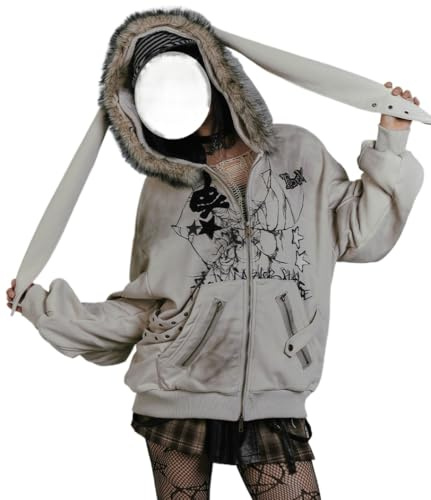 Felpa da Donna con Cappuccio in Pelliccia Sintetica retrò con Orecchie di Coniglio Giacca Spessa con Stampa Gotica Y2K Foderata in Peluche per La Primavera E L'autunno (Grigio,M)