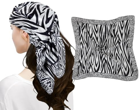 MEANBEAUTY Bandana sidenhalsdukar fyrkantig satin huvudduk för kvinnor hårhalsduk 70 x 70 cm med presentförpackning, Zebra/svart/vit, one size