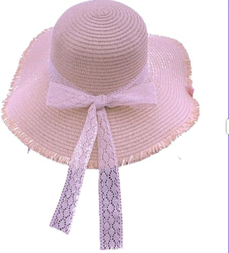 AMateschitz Strohhut Damenhut mit Breiter Krempe Damen Strand Sonnenhut Faltbare Strandmütze Strohhüte Kalter Hut, Perle, Spitze Schleifen, für Wandern Reise Urlaub Rosa-Kleine Schleife Einheitsgröße
