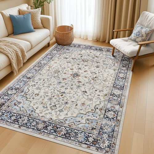 Topfinel Washable Rugs for Living Room 120x170cm, Boho Vintage Blue Area Rug with Non-Slip Backing, Low Pile Rug for Bedroom, Lounge, Home Office