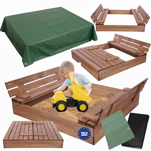 MODO24 Sandkasten mit Deckel, Sitzbänken und Schutzplane, Holzsandkasten, Gartenspielzeug für Kinder, Sandkasten für Garten, Outdoor Sandkasten, Abmessungen 120x117 cm, Farbe: Braun (imprägniert)