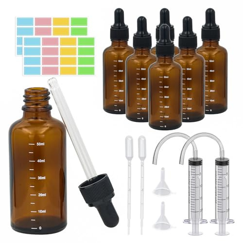 Reyshin Glass Dropper Bottles 50ml,6 Pack Amber Glass Bottle with Dropper Pipettes Refillable Sample Dropper Bottle for Essential Oil DIY Massage Aromatherapy Laboratory (50ml, 6)