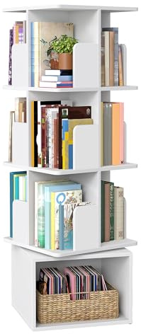 VASAGLE Custos Colección - Estantería Giratoria de 4 Niveles, Librería Rotatoria 360°, con Compartimentos Abiertos, 40 x 40 x 124,6 cm, para Dormitorio, Salón, Oficina, Blanco Nube LBC471WB01