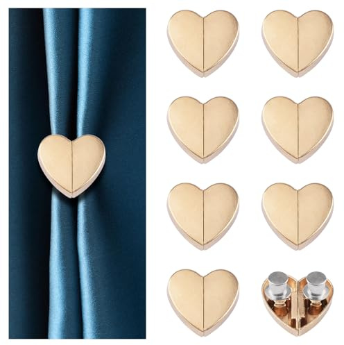 UFURMATE 8 Pairs Heart-Shaped Magnetic Curtain Closure Decorative Detachable Drape Buckle for Indoor Outdoor Use Keep Curtains Closed Prevent Light Leakage (Gold)