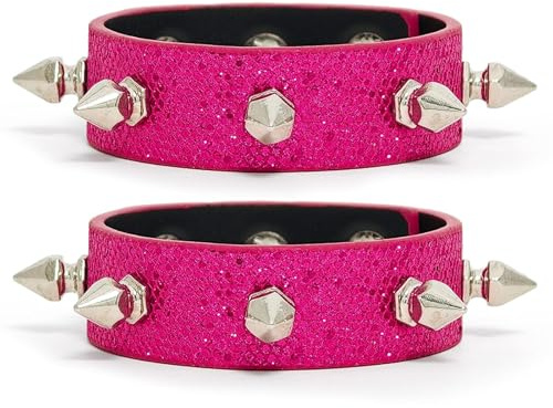 Wriidy 2PCS Studded Bracelet Pink Rock Wristband Bracelets Cuff Wrap Bangle Sparkly Wristbands for Men Women
