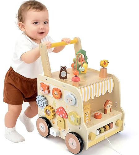 Pithfor Wooden Activity Cube Push Walker, Wooden Baby Walker, Montessori Toys for Babies 10-12 Months 1 2 3 Years Old Boys & Girls, Help Learning to Walk & Sit-to-Stand