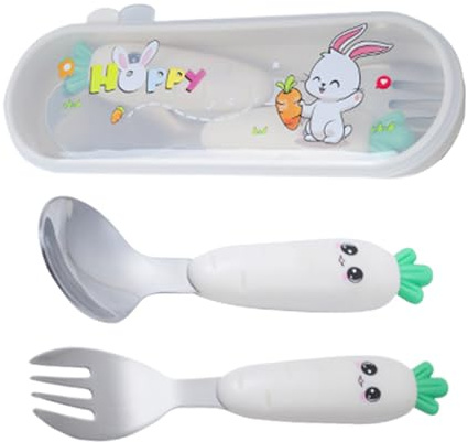 Fierudeng Cubiertos para Niños Pequeños | Kit De Cubiertos De Acero Inoxidable para Bebé con Estuche De Almacenamiento - Set De Vajilla Portátil Incluye Tenedor Y Cuchara para Viajes Restaurantes