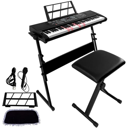 XYJBHB 61 - Key Digital Keyboard Piano, Light Up Piano for Beginners | Electric Piano Keyboard with Stand, Padded Piano Stool, Microphone & 30 Demo Songs for Beginners Practice, Light Up