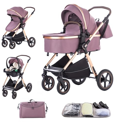 BEBBY 3-i-1 barnvagn resesystem, nyfödd spädbarn buggy aluminiumram, hög aluminiumram landskap kombinerade barnvagnar, lätt barnvagn för 0-36 månader (D2-lila, H2-D)