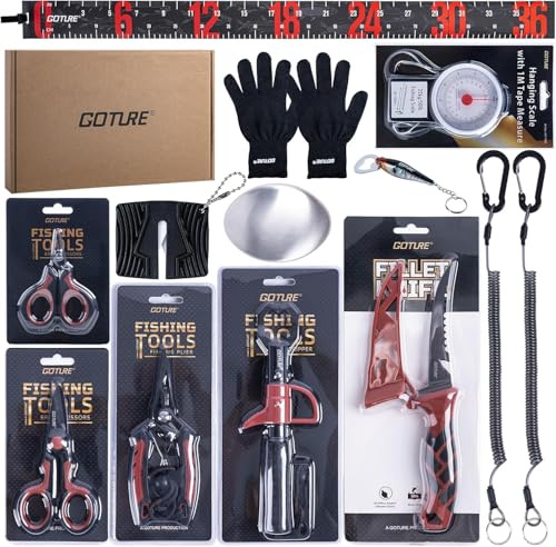 Goture Profi Angelset 14-teilig - Angelwerkzeug Set mit 3CR13 Angelzange, Filetiermesser & 5-Stufige Schnittfeste Handschuhe - Mechanische Fischwaage & 95cm Fischmaßband - Angelzubehör Geschenke