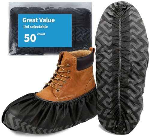 Mosmat Reusable Shoe Covers - 50 Count (25 Pairs) Heavy Duty Non-Slip, Waterproof Long-Lasting Non-Woven Fabric for Floor & Carpet Protection