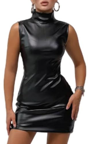 Robe en simili cuir pour femme, robe cocktail sans manches col rond ajustée taille mini, jupe crayon sans manches pour soirée fermeture éclair arrière uni, robes mini ajustée taille serrée basse