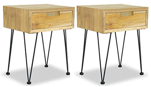 Runheo Lot de 2 tables de chevet, 40 x 30 x 50 cm, en teck massif, style colonial, avec tiroir, bois dur robuste, pour chambre à coucher, salon, table d'appoint, table de téléphone