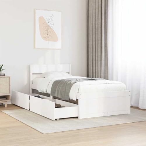 QUAHEAS White Small Single Bed Frame, 75x190 cm Solid Pine Wood Platform with Headboard, Two Storage Drawers, Plywood Slats, Durable Bedroom Furniture