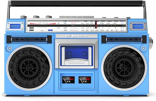 Boombox Lecteur cassette Bluetooth rétro avec radio FM/DAB + et enregistrement USB, stéréo portable style années 80 pour réunions de famille et voyages (haut-parleur en maille collée (bleu)