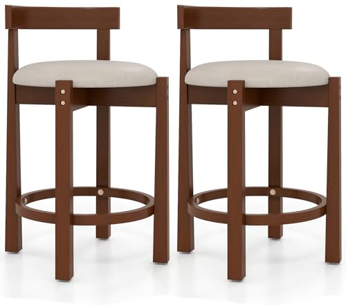 COSTWAY Lot de 2 Tabourets de Bar en Velours Teddy, Chaises de Bar Bois, Hauteur Comptoir, Dossiers, Repose-Pieds, Chaise Haute Bois pour Cuisine (2, Noyer)