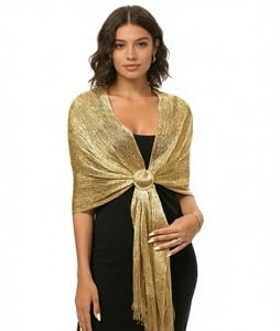 Stola Gold für Abendkleider Damen Festlich, Glitzer Schal mit Goldener Schnalle für Hochzeit & Party, Elegantes Umschlagtuch Metallic Accessoires, Spitzentuch Schultertuch für Brautjungfer, 1 Stück