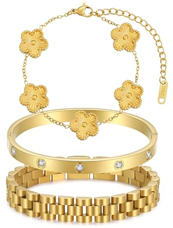 Aiilead Kleeblatt Schmuck Set für Damen - 18 Karat Gold Armband&Armreif Glücksarmband Schmuck Geschenk für Damen,3PCS