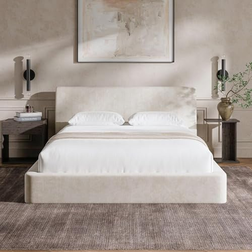 RECCI Polsterbett 160x200 cm, Weiches Schaumstoff-Bettgestell mit Ergonomischem Kopfteil, Vollgepolstertes Cloud-Design, Ohne Boxspring, Einfache Montage (Beige)