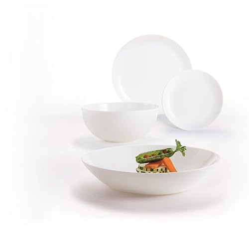Luminarc Diwali White 19pc Dinnerware Set, Opal Glass, 6 Place Settings | Super Strong Opal Glass; Dishwasher Safe; 6 Dinner Plates, 6 Side Plates, 6 Bowls, 1 Serving Bowl; Everyday Family Dining