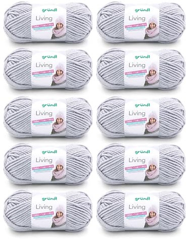 Gründl Wolle Living - Dicke Wolle zum Häkeln und Stricken - Winterwolle - Weich und wärmend - 80% Polyacryl, 20% Polyamid - 10 Knäuel 100 g / 100 m - Nadelstärke 8-9 - Hellgrau