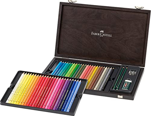 Faber-Castell 110006 Polychromos Malstifte, 48er-Buntstifte-Set in einem eleganten Holzkoffer, Leuchtende Farben mit dicken 3,8-mm-Minen, Inklusive 2 9000 Bleistifte, Radiergummi und Anspitzer