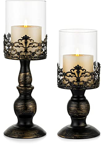 Sziqiqi Kerzenständer Set Vintage Distressed Black Hurricane Kerzenhalter 2 Stück, für Stumpenkerze Hochzeitsfeier Home Decoration Kamin Mantel Dekoration 27cm & 33cm