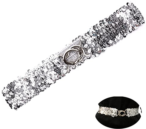 YouU Damen Elastic Stretch Schnalle Paillettenbesatz Taille Band Gürtel Mode Persönlichkeit Metallic Kleid Elastischer Gürtel