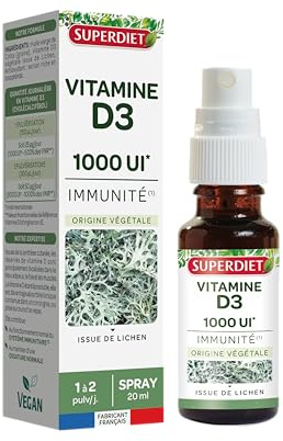 SUPERDIET - VITAMINE D3 IMMUNITÉ SPRAY – Immunité – Nutrithérapie – Vegan - 1000 UI -Fabrication Française - Spray buccal de 20 ml
