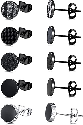 JeweBella 5 Paar Ohrringe Herren Edelstahl Runde Schwarz Matt Knorpel Piercing Ohrstecker Set für Damen Männer Hypoallergen Ohrstecker Herren Schmuck 8/10/12MM