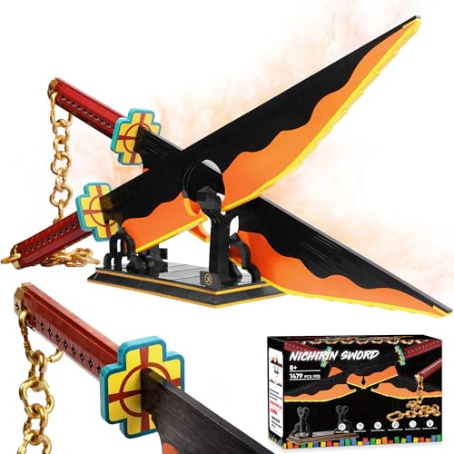 Jorumo Sword Building Set, 82in Double Blade Tengen Uzui Sword Building Block with Stand, Handmade Cosplay Anime Sword Toy Building Set for Collecting and Gifting 1478Pcs