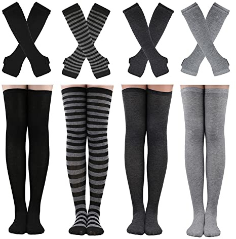 Barrlves 4 Sets Womens Striped Knee High Socks Long Knit Arm Warmers Fingerless Gloves for Halloween Costume (4sets Solid Black+White+DeepGrey+Grey)