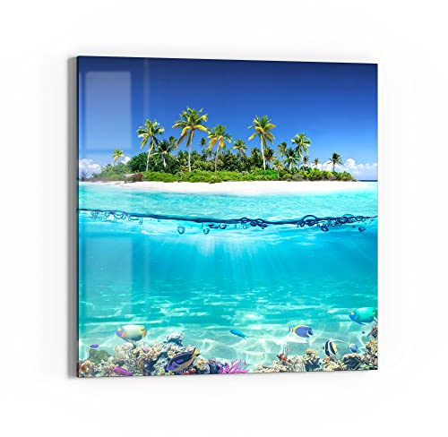 DEQORI Glas-Magnettafel | 50x50 cm groß | Motiv Insel im tropischen Meer | Memo-Board aus Glas | Magnetboard inkl. Magnete, Stift & Tuch für Küche & Büro | Tafel magnetisch & beschreibbar