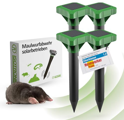 ISOTRONIC Maulwurfvertreiber Solar 4er Set I Maulwurfschreck für den Garten I Maulwurf Abwehr, Wühlmaus vertreiben, Wühlmausschreck - SCHNELLE Ergebnisse mit extremen Wirkradius I grün