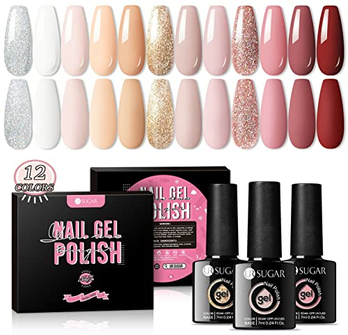 UR SUGAR UV Nagellack Nudefarben, 12 Farben UV Gel Nagellack Milchig-weiß Rose Nagellacks Gold Glitzer für Nagelstudio Design Nagel Gelnägel Set mit Geschenkbox Maniküre Set