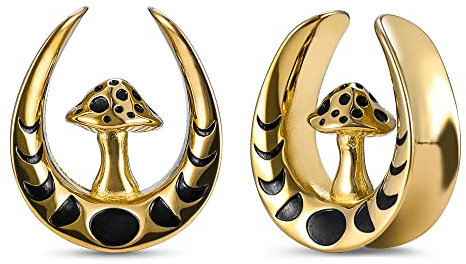 KOOBODY 1-Paar Pilz Öffnung Sattel Plugs Ohrmesser Doppel ausgestellte Tunnel Elegante klassische Gold Ohrhänger Bahre Piercing 8mm-25mm