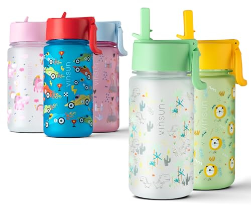 VINSUN Trinkflasche Kinder 500ml Dinosaurier - Strohhalm Deckel, auslaufsicher, BPA frei, Kohlensäure geeignet, Tritan - Wasserflasche für Kindergarten, Schule, Sport