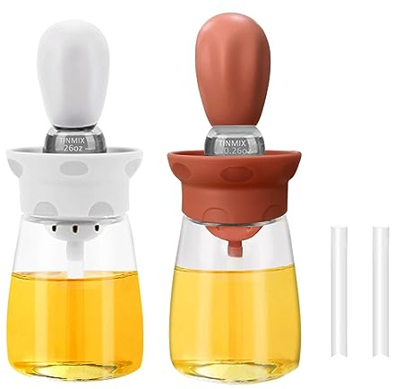 TINMIX 2er Pack Ölspender mit Backpinsel Olivenöl Flasche ölflasche mit silikon pinsel für Backen, Küche, Kochen, Soße, BBQ, Grill, Braten, Weiß und Rot