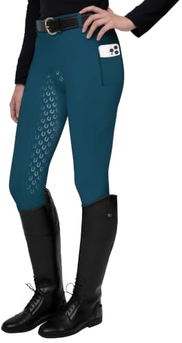 FitsT4 Leggings da Equitazione da Donna, in Silicone, con Tasca per Cellulare e Passanti per Cintura