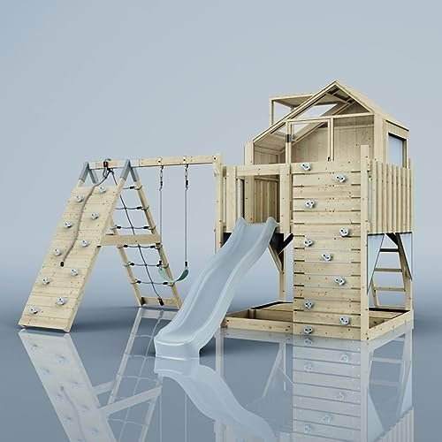Rebo Outdoor Spielturm mit Wellenrutsche | Spielhaus aus Holz mit Kinderschaukel, Kletterwand, Kletternetz | Stabile Konstruktion, Weiches Gefühl in den Seilen