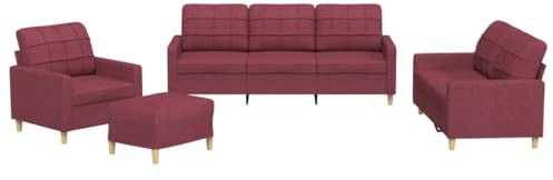 vidaXL Sofagarnitur 4-TLG., Sessel Couch mit Kissen Fußhocker, Sofa Wohnzimmersofa mit Armlehnen, Couchgarnitur Designsofa Sitzmöbel Polstermöbel, Weinrot Stoff