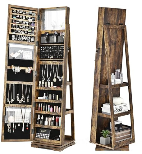 GYMAX Armadietto Portagioie Girevole, 3 in 1 Portagioielli da Terra, con 3 Ripiani e Specchio a Figura Intera, 3 Scatolette di Stocaggio, 39 x 39 x 161cm (Colore retrò)