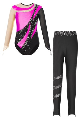 Alvivi Mädchen Turnanzug Glitzer Gymnastikanzug mit Leggings Hose Langarm Ballettanzug Gymnastik Leotard Trikotanzug Akrobatik Wettbewerb Tanzkostüm Dunkel Rosa&Schwarz 110-116