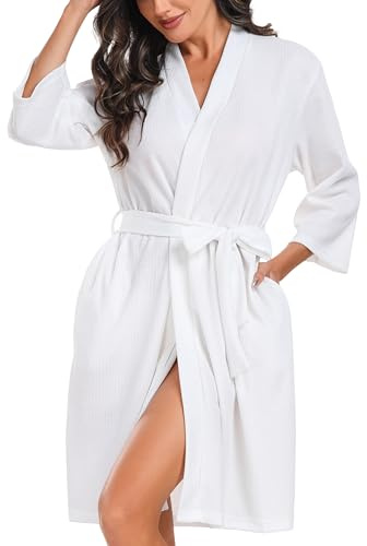 Lovasy Badrock för kvinnor, våffelpiké, 3/4 ärmar, knälång, mysig dambadrock, mjuk, lätt, morgonrock för damer, sexig, loungewear med fickor, Vit, XXL