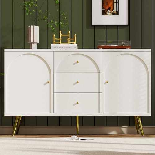 ModernLuxe Chest of Drawers with 2 Doors and 3 Drawers, Hallway Storage Unit with Metal Legs, Living Room Cabinets with 2 Adjustable Shelves, Sideboard Storage Cabinet, Cream White, 140 x 40 x 84 cm