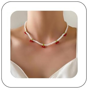 Cimenexe Rote Kirsche Perle Halskette - Frauen & Mädchen - Minimalistisch - Zink - 40 cm