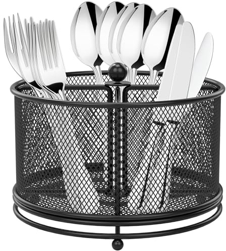 360°Rotating Utensil Caddy, Metal Kitchen Utensil Holder,6.7×6.7×5.1 Inch 4-Compartment Metal Utensil Caddy, Rotatable Cutlery Holder, Multifunctional Flatware Organizer for Home Countertop