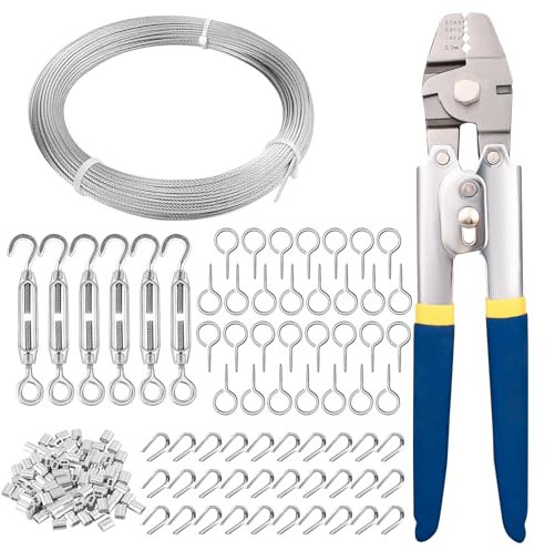 TooTaci 20M Wire Rope with Turnbuckles Kit, 1.5mm Steel Cable with Swager Wire Crimping Tool, 2 in 1 Cutter & Crimper Tool, Ideal for Garden Trellis, Fence, and Railing Cable Installations